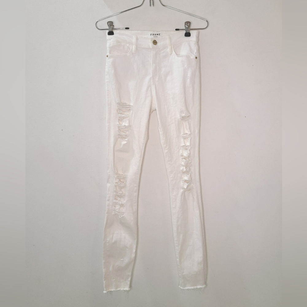 FRAME DENIM White Le High Skinny Distressed Jeans in Blanc Rip Sz 26 - Picture 4 of 14